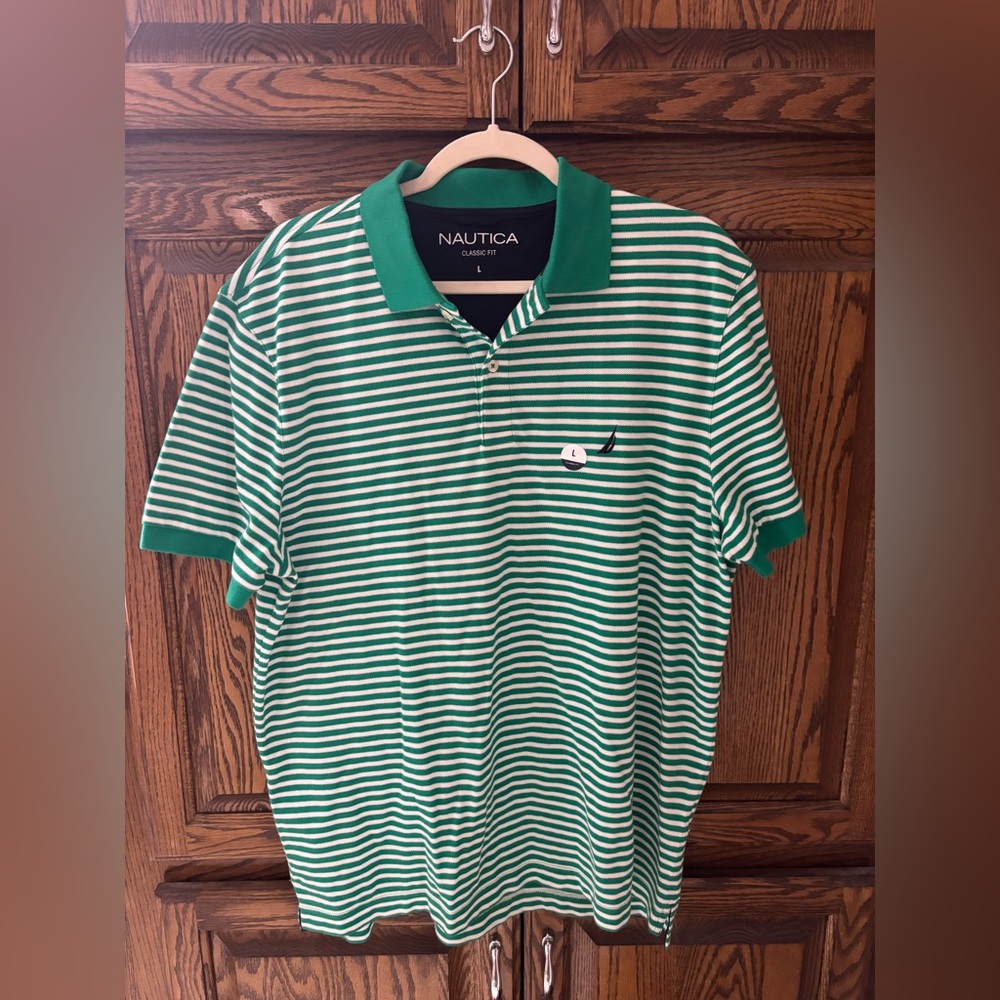 Nautica Men's Polo Shirt in Green and White Stripes Size Large